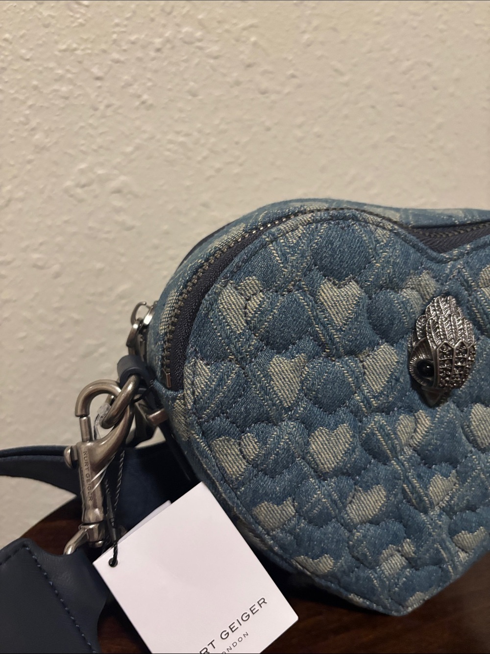 Kurt Geiger Blue Heart Quilted Denim Crossbody Bag - Picture 3 of 10